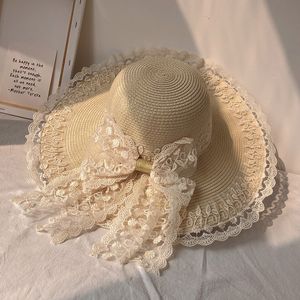 Flor de renda bowknot chapéus de palha de verão mulheres festivas chapéu largo máscara solteira protetor solar francês tampões