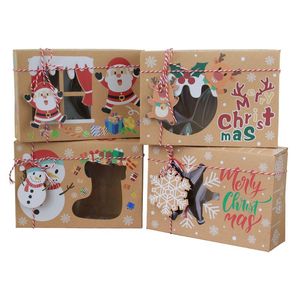 Present Wrap 4/8pcs Kraft Paper Merry Christmas Candy Box PVC Window Cookie Favor Packaging Påsar med repår Party DecorationGift