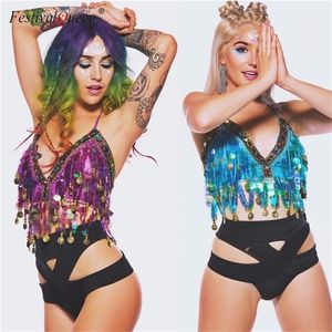 Sexy Sequin Tassel Mermaid Cami Crop Top Женщины Радуга Монеты Бисером Без спинки Шифон Партия Танцевальная Клуба Обрезается 220325