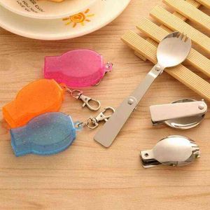 3 Colors Folding Box Spoon Fork Outdoor Travel Portable Tableware Creative Staple Soup Fork Stainless Steel Spoon Set Y220530