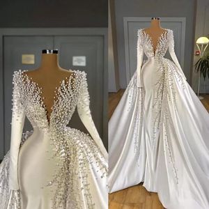 Haute Couture Luxus-Perlen, abnehmbares Meerjungfrau-Abendkleid, Überrock, V-Ausschnitt, Satin, lange Ärmel, elegant, Brautmode