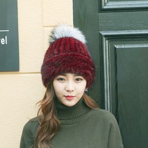 Women Real Mink Fur Hat With Fox Fur Ball Winter Warm Earmuffs Crimping Cap