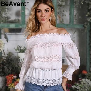 Beavant Elegant Hollow Out Off Axel Women Blus Shirt Lace Elastic Ruffled Female Tops Autumn Winter Office Ladies Bluses 210709