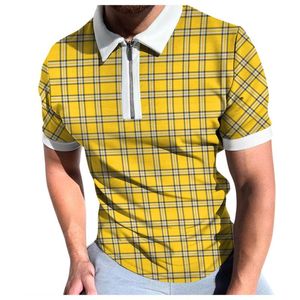 Men's Polos Mens Spring Summer Short Sleeve Zipper Lapel Plaid Print Casual T-Shirt Top Spandex Scrub Shirts Small Yellow ShirtMen's
