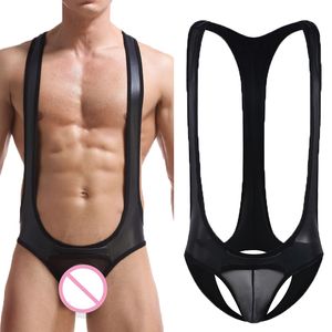 Seksi Erkek Fanilalar Jockstrap Mesh Açık Kasık PU Deri Tulumlar güreş atleti Iç Çamaşırı Iç Çamaşırı Lateks Eşcinsel Bodysuits 220427