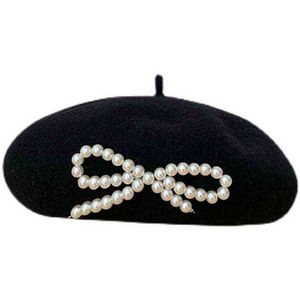 Women Winter Hat French Artist Warm Wool Pearl Bow Solid Color Beret Girlstand Cap Contracted Bennies Gorras Para Mujer J220722