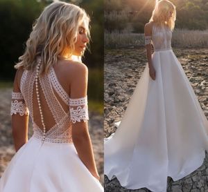 Ny Boho A Line Wedding Dress 2022 Halter Lace Satin Illusion Back Bridal Glows Robe Mariage Vestidos de Noi