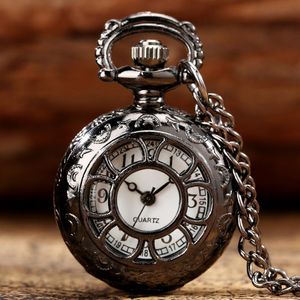 Pocket Watches Black Quartz Watch Fashion Vintage Women Small Alloy Retro Hollow Out Flowers Pendant Clock Gift For