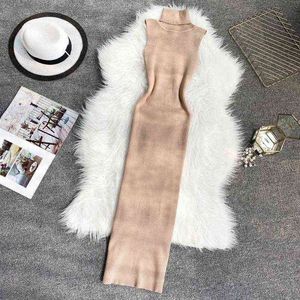 Slim 2022 Turtleneck sommar sexig stickad bomull Bodycon Midi Long Dress Party Women Elastic Casual Elegant Tank Tunic Dress Y220413