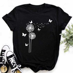 Summer Maskros Butterfly Print Tee Women Casual White and Black T-shirt rolig t-shirt för Lady Young Girl Tops