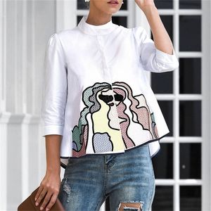 セールアブストラクト刺繍シャツトップ女性夏秋のファッション3/4スリーブカジュアルブラウスレディースホワイトドールシャツDRO 210308