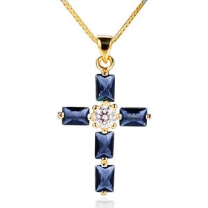 Подвесные ожерелья Золотой цвет CZ Blue Crystal Collecle Cross Chokers для женщин девушек бросают ювелирные изделия подарки