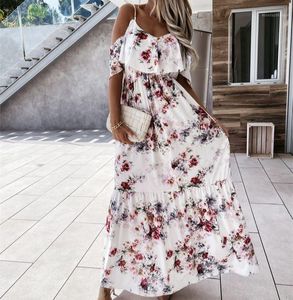 Casual klänningar mode sommar retro blommor av axel maxi strand klänning 2022 boho kvinnor vår v nacke ruffle slit party länge