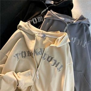 Retro İşlemeli Zip Up Sweatshirt Y2k harajuku 2021 artı boyutu kazak Kore tarzı gevşek mektup uzun kollu kazak giyim