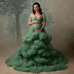 Sage Green Prom Dresses Pregnancy Maternity Gown Photo Shooting Gowns Fluffy Layered Tulle Maternity Dress for Photography Custom Made
