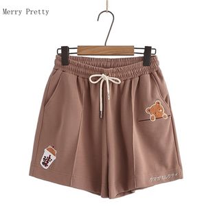 Cartoon Bär Stickerei Hohe Taille Shorts Für Frauen Sommer Kleidung Süße Stil Damen Kawaii Nette Kordelzug Böden 220419