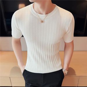 Men's T-Shirts Summer Knitted Elasticity Pullover Men Round Neck Short Sleeve Sweater Slim Fit Striped T Shirt Club Social Streetwear TopsMe