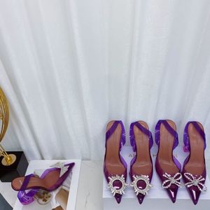 Amina Muaddi Womens Sandals Leather Sole Designer 10cm Heid Heels Diamond Chain Decoration Banquet Purple Women Shoes Silk Wedding Sexy Formal Slippers