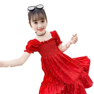 Abiti da ragazza Abito estivo da principessa per ragazze Rosso Rosa Fashion Tube Top Ruffle Elegante stampa a pois Festa di compleanno Little Chiffon Kids Clot