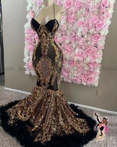 Sexy robe de soirée femme Prom Dress Mermaid With Feathers 2022 Black Sequins Evening Gowns Girl Party Wear BES121
