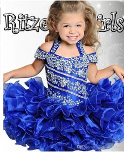 2022 Cute Royal Blue Cupcake Toddler Kids Girls Pageant Dresses Ball Gowns Off Shoulder Beaded Organza Mini Short Girl Dresses for Weddings B0606G16