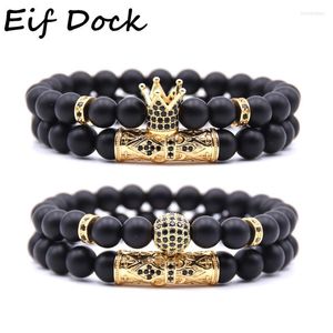 Link Chain Eif Dock 2Pcs/Set Natural Stone Pave CZ Zirconia Crown Bead Man Bracelets Black Color Frosted Elastic Bangles Inte22