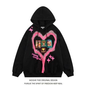 Moishe Tide Brand Love Sticker Design Sense Hooded Sweater Men's Loose Lovers 'Casual Mångstre kappa