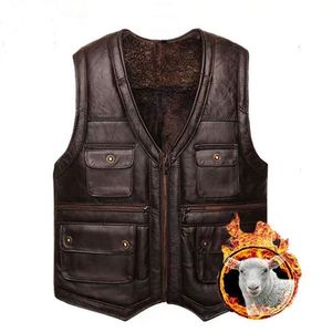 Holyrising Mens Luxury Full SheepSskin Leather Gilet Motorcykelväst för män fickor svart brun plus läderrock vinterjacka 201127