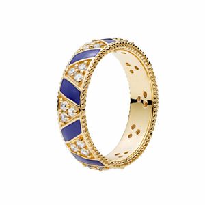 18K Gold Ring mit blauen Streifen und Steinen für Damen und Herren, Hochzeitsgeschenk, Designer-Schmuck mit Original-Box-Set für Pandora-Ringe