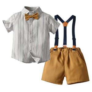 Estate Bambini Ragazzo Vestiti da gentiluomo Set Camicia a maniche corte Top Bretelle Pantaloncini Abiti casual Abbigliamento per ragazzini