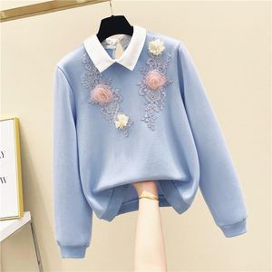 Damen Hoodies Sweatshirts Hoodie Frau bestickt dreidimensionale Blume Puppe Kragen lose koreanischen Stil Sweatshirt 2022 Herbst Pullov