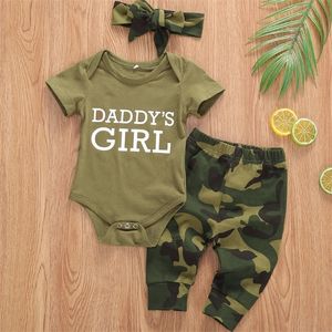 Girls Boys Set Camouflage Short Sleeve Letter Printed Bodysuit Topspants Toddler Baby Clothes Summer 220607