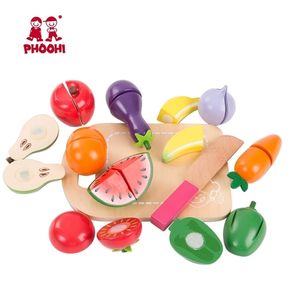 Infantil de madeira cortando frutas brinquedos de legumes fingem acessórios de cozinha para jogo de comida phoohi lj201211