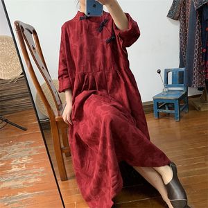 Realtime Chinese women's dress vintage placket loose largesize cotton and linen long 210302