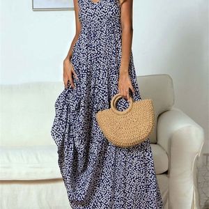Summer Boho Maxi Dres Viscose Party Long Floral Dress Bohemian Strap V Neck A Line Flower Dresses For Women 220530