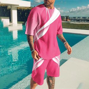 Roupas masculinas roupas de tamanho grande masculino masculino shorts de camisetas impressos em 3D Conjunto de roupas esportivas de roupas esportivas o pescoço de manga curta rosa 2pcs