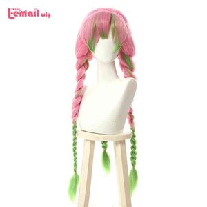 L-Correo Electric Peluca de pelo sint￩tico Kanroji Mitsuri Cosplay peluca larga Rosa mezcla verde trenza fiesta resistente al calor para220505