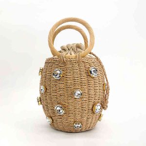 Evening Bag Crystal Diamond Straw Women 2022 New Summer Rattan Ring Handle Woven Circle Beach Ladie Barrel Shape Handbag Holiday 220622