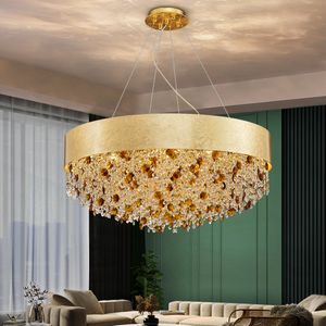 Nuovo lampadario da soggiorno lampada dal design moderno, lampada a sospensione in oro, lampada di cristallo a led di lusso rotonda per camera da letto