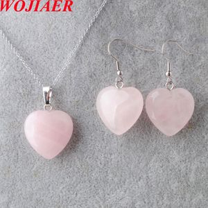 Wojiaer colar de cor prateada Brincos de bretas de jóias para mulheres Pingente Heart Natural Stone Wedding Party Bo958