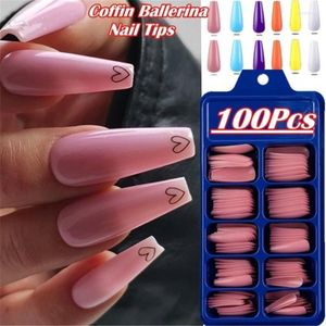 False Nails 100 Pcs/Box Candy Colors Manicure Nail Art DIY Acrylic Long Full Cover Stiletto Coffin Ballerina Tips Prud22