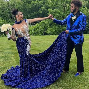 Royal Blue Sequined Mermaid aftonklänning Sequins High Neck Beading Illusion Party Dresses Short Sleeve Prom -klänningar