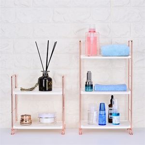 Rose Gold Metal Makeup Organizer för Cosmetics Desk Decor Storage Rack för badrumshylla Kök LJ200812