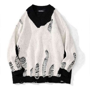 Gothic Hole Beggar maglione lavorato a maglia uomo donna colore abbinato pullover unisex hip hop oversize coppia streetwear maglione vestiti T220730