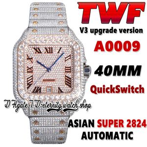 TWF V3 GA0007舗装ダイヤモンドETA A2824自動メンズウォッチ完全アイスアウトダイヤモンドローマのローズゴールドダイヤルクイックスイッチスチールブレスレットスーパーエディション永遠の時計