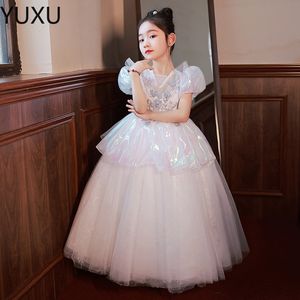 2022 Bling Beaded Crystal Flower Girls Dresses for Wedding Tulle Floor Length Beach Girl Pageant Party Gowns Tulle Skirt Formal special occasion Kids Wear