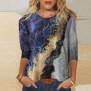 Blouses feminina camisas femininas diariamente impressão de verão o pescoço de pescoço de três quartos de manga redonda camiseta fria camisa longa feminina camisa térmica '