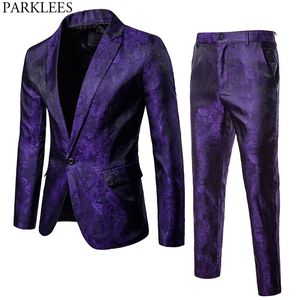 Purple Paisley Floral Gilding One Button Suit JacketPants Men Stage Party Weeding Tuxedo Blazer Men Terno Masculino 2XL 220815