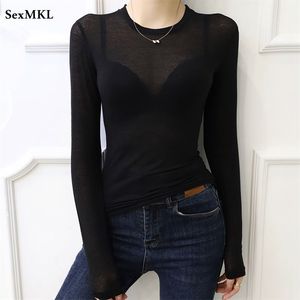 Basic Spring Summer T Shirts Women Long Sleeves Transparent Tee Shirt High Elastic Breathable Sexy T-shirt See Through Top 220516