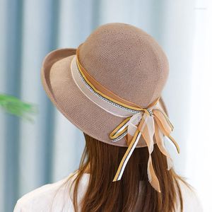 Beanie/Skull Caps Summer Light Breattable Flash Silk Small Pot Hat Cotton Casual Women Ribbon Bow Turn Eaves Sticke Foldbar Oliv22
